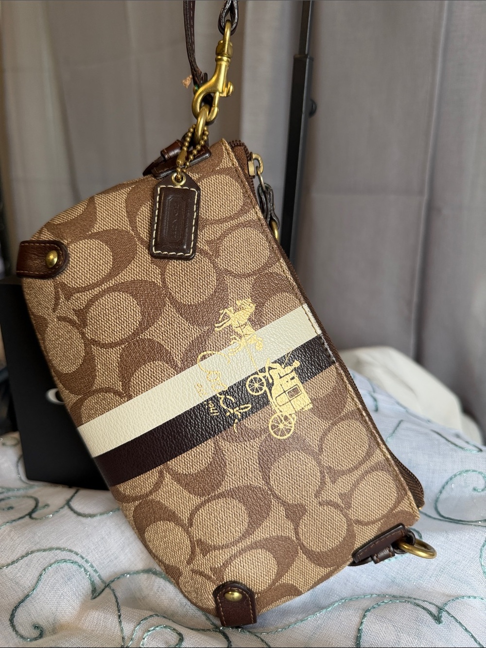 Coach Heritage Stripe Signature Zip Wristlet/Mini Bag